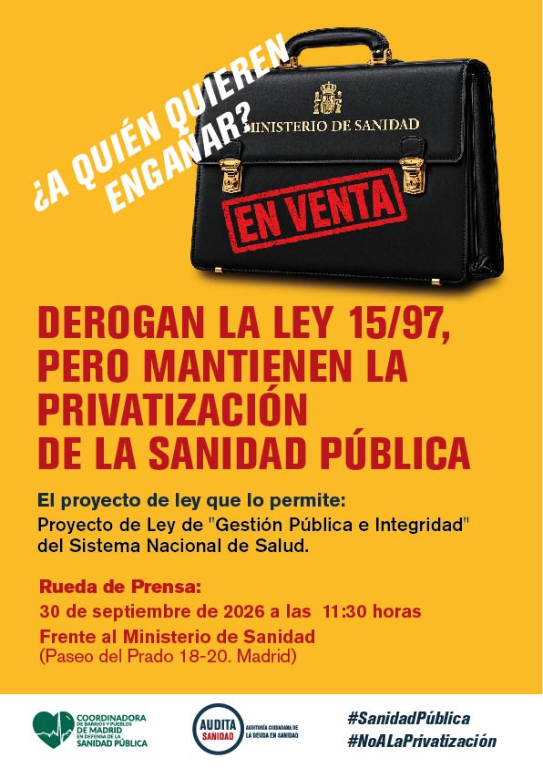 AuditaSanidad's tweet photo. Desde @AuditaSanidad convocamos:
📌RUEDA DE PRENSA

Miércoles 30 de septiembre, 11:30
Frente al Ministerio de Sanidad (Paseo del Prado 18-20)

📍Presentamos nuestra postura sobre el Proyecto de Ley de Gestión Pública e Integridad del SNS

#SanidadPública  #NoALaPrivatización https://t.co/woOmeXCk4h