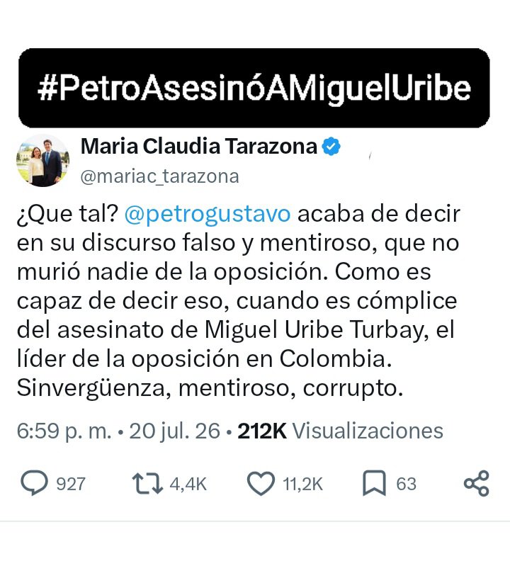 jpradach1's tweet photo. Atención: @mariac_tarazona viuda de Miguel Uribe culpó de complice del asesinato de su esposo a @petrogustavo .. Y ahí que sigue.?? https://t.co/uDEZdpsbbF