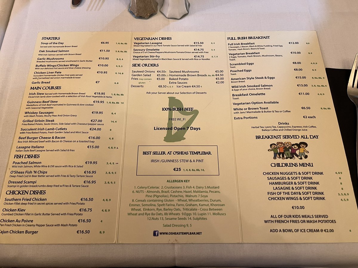 tabidouga810's tweet photo. ダブリン🇮🇪にあるO'Sheas Restaurantで名物ギネスビーフシチューに挑戦

ダブリン空港でレンタカーを返却し、ダブリン市内に戻ってきた。口コミでダブリン市内で最もコスパの良いお店と聞き入店。

Guinness Beef Stew 19.95€+10%のサービス料で21.95€(4,072円)を注文。3人以下ならサービス料無し。 https://t.co/K3fDW1xFAA