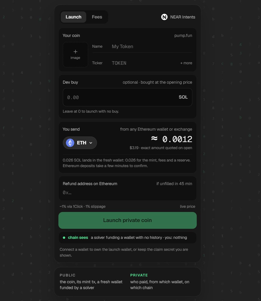 nearlaunchapp's tweet photo. okay, please give this a try. I’m also recording a vid to demo the new tech.

I just added the ability to launch https://t.co/koyBbj7suB tokens using ETH.

yes, you heard that right. ethereum.

this is only possible because of NEAR Intents. you can pay with ETH, the Intent handles the conversion into the SOL needed for the launch, and the token goes live directly on https://t.co/koyBbj7suB.

ETH → NEAR Intent → SOL → pumpfun mint → live

cross-chain launches are here.