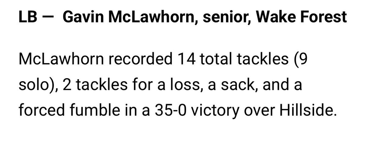 GMclawhorn009's tweet photo. Honored to be recognized by HighSchoolOT as one of North Carolina’s top linebackers in the Week 5 Starting 22. Thank you to Joel Bryant and the HighSchoolOT team for the recognition!

I’m grateful for my coaches and teammates at Wake Forest High School. I’m proud to represent the Cougars, and I’m staying focused on the work ahead. 

@WF_CougarFball @scottlove30 @logan_blanke @CoachDill919 

Gavin McLawhorn | #34 | LB | Class of 2027 | 4.0 GPA

#Starting22 #WakeForestFootball #ClassOf2027
@LANCEOSRN @CoachLanceo @COACHVLRN