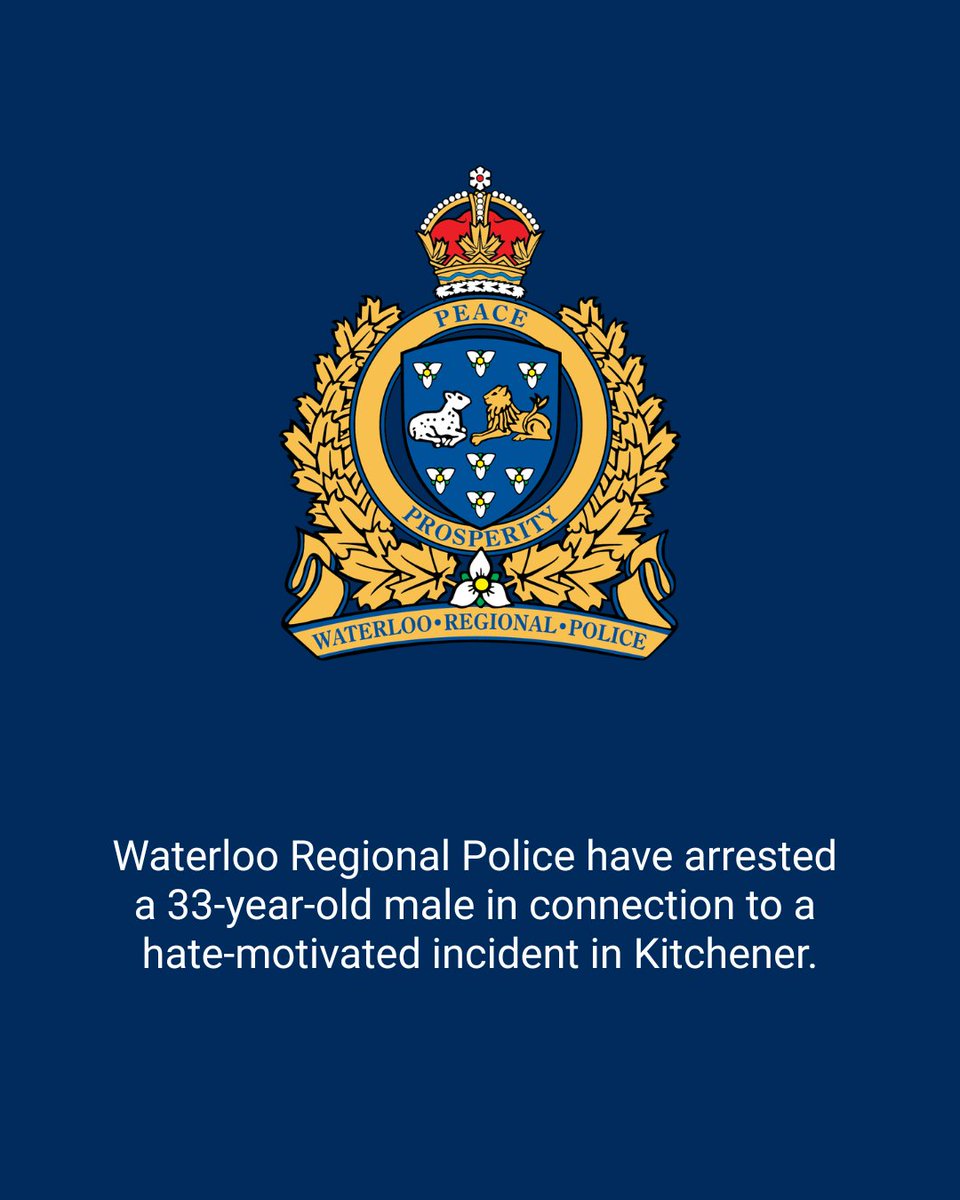 WRPSToday's tweet photo. A 33-year-old Kitchener male has been arrested, charged, and held for bail following a hate motivated incident in Kitchener.

Anyone with information is asked to contact police at 519-570-9777, extension 4496.

WA26142217

Details: https://t.co/G3vUVcaOoE https://t.co/k56iWaJOdX