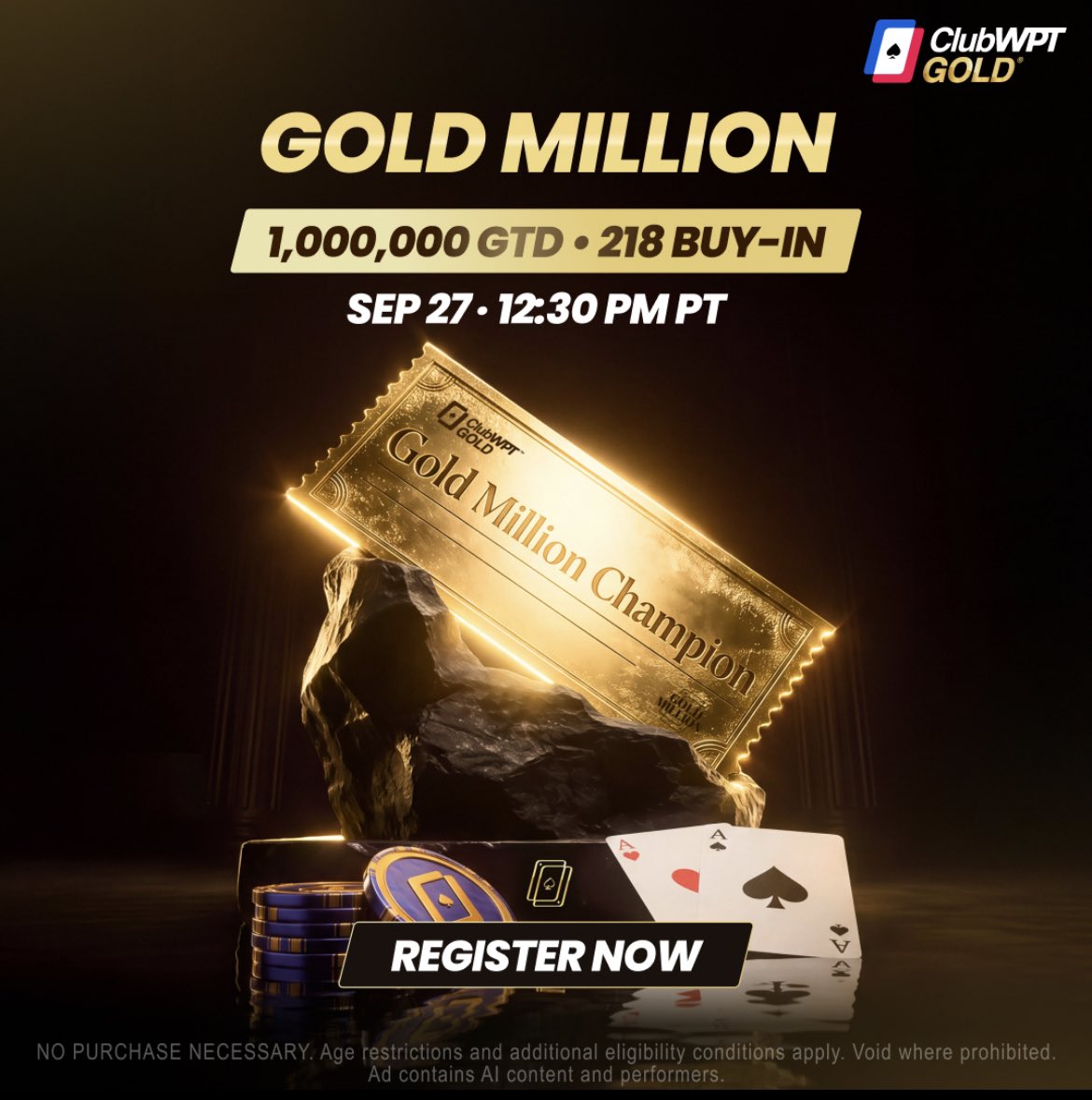 ClubWPTGold's tweet photo. 🏆 GOLD MILLION GIVEAWAY TODAY!
3 tickets up for grabs! 

All you need to do is: 

🔁 RT this post and comment your ClubWPT Gold username + what you’d do with a 6-figure bounty!

⏰ Timeline:
• Draw Time: 2:15 PM PT
• Credit Time: 2:30 PM PT (Plenty of time before late reg ends!)

Note: Gold Million Tickets are only valid for this week.