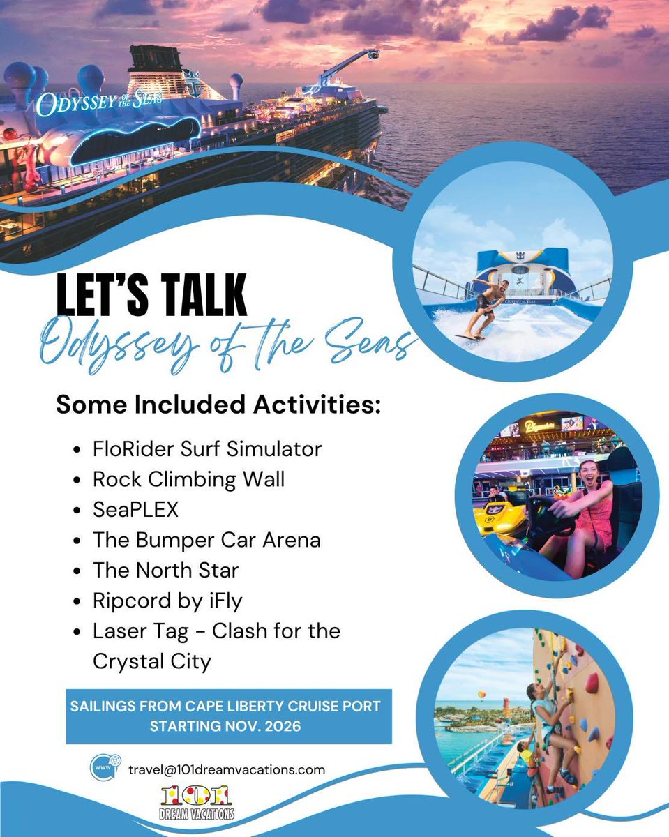 harperriverar8l's tweet photo. New Jersey cruisers, Odyssey of the Seas arrives at Cape Liberty this November. Enjoy seven-night sailings to Florida, Perfect Day at CocoCay, and Nassau—no pre-cruise flight needed. Onboard highlights include surfing, rock climbing, bumper cars, https://t.co/ZU3NputAMA