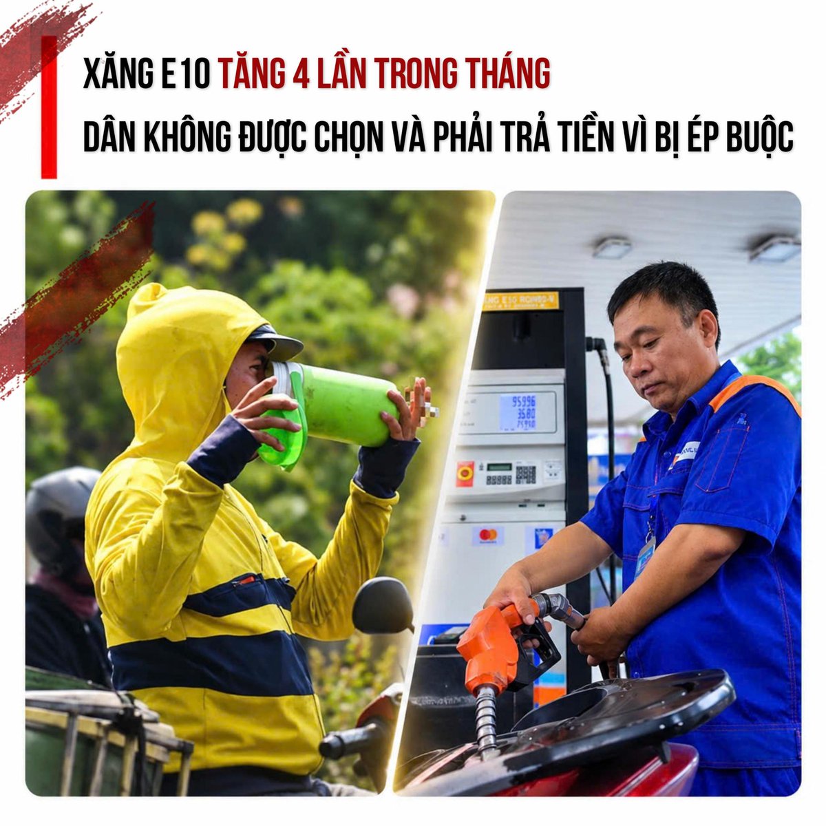 chantmmedia's tweet photo. XĂNG E10 HƠN 27.000 ĐỒNG/LÍT: DÂN VỪA MẤT QUYỀN CHỌN, VỪA PHẢI TRẢ TIỀN CHO SỰ HOÀI NGHI?

Báo Bóng đá Plus ngày 27/9/2026 đưa tin xăng E10 RON95-III tăng 1.450 đồng/lít, lên 27.080 đồng, trong khi dầu diesel vượt 30.000 đồng/lít. Đáng nói, E10 nay không còn là lựa chọn song song với RON95 khoáng: từ 1/6/2026, E10 đã thay thế RON95 trên toàn quốc.

Giá đã cao thì quyền lựa chọn lại bị thu hẹp. Trước 1/6, người dân có E5RON92 và RON95 để lựa chọn. Sau mốc này, xăng không chì phải phối trộn thành E10; RON95 khoáng bị loại khỏi thị trường bán lẻ đại trà. Tại sao khi lựa chọn bị thu hẹp, trách nhiệm chứng minh nhiên liệu mới thực sự phù hợp với từng nhóm phương tiện lại không thể hiện rõ bằng một cơ chế bảo vệ người dùng mạnh mẽ hơn?

VietNamNet ghi nhận người dùng phản ánh xe hụt ga, khó khởi động, nóng máy, hao nhiên liệu, thậm chí chết máy sau khi đổ E10. Kỹ sư Lê Văn Tạch cho rằng E10 có nhiệt trị thấp hơn xăng khoáng A95 nên có thể tạo cảm giác xe yếu hơn và tiêu hao nhiên liệu cao hơn. PGS.TS Đỗ Văn Dũng cũng cảnh báo ethanol hút ẩm mạnh; nếu nước xâm nhập và vượt ngưỡng cho phép, nhiên liệu có thể phân lớp, gây khó nổ, ăn mòn và ảnh hưởng hệ thống nhiên liệu. Không thể cứ người dân kêu “xe tôi hụt ga” là bảo họ… cảm giác nhầm.
Bộ Công Thương dẫn các đánh giá trong nước và quốc tế cho rằng tác động tiêu cực của E10 đối với động cơ là rất nhỏ nếu nhiên liệu đạt chuẩn và phương tiện tương thích. TS Đào Duy Anh cũng cho biết Bộ đã khảo sát các hãng xe và cơ quan chuyên môn trước khi triển khai.
Chính vì vậy, vấn đề đáng trách không phải là “E10 chắc chắn phá máy”, mà là: nếu có rủi ro với xe cũ, xe ít sử dụng, hệ thống nhiên liệu hoặc chất lượng bảo quản, ai chịu trách nhiệm khi người dân phải móc tiền sửa xe?

Câu chuyện không chỉ nằm trong bình xăng mà nằm ở trách nhiệm quản lý. Bộ Công Thương thừa nhận ethanol có khả năng hút nước và việc nước xâm nhập có thể gây tách lớp nếu bồn chứa, hệ thống kỹ thuật không bảo đảm. Vậy thì kiểm soát chất lượng phải đi từ bồn chứa, đường ống, vận chuyển đến từng lít xăng bán cho dân, chứ không thể đẩy toàn bộ rủi ro xuống người tiêu dùng bằng câu “hãy bảo dưỡng xe đúng cách”.

Cuối cùng, “xăng xanh” không thể trở thành cái cớ để người dân phải chấp nhận một cuộc đổi nhiên liệu mà quyền lựa chọn và cơ chế bồi hoàn rủi ro lại quá mờ nhạt. Mục tiêu giảm phát thải là đáng bàn, nhưng môi trường sạch không đồng nghĩa với quyền lợi người tiêu dùng được phép đứng sau. Nếu E10 tốt, hãy chứng minh bằng dữ liệu độc lập, công khai chất lượng từng lô nhiên liệu, cơ chế tiếp nhận khiếu nại và trách nhiệm bồi thường khi có lỗi. Đừng bắt dân vừa bỏ tiền mua xăng đắt, vừa bỏ tiền sửa xe, rồi cuối cùng lại phải tự chứng minh rằng chiếc xe của mình “có vấn đề”.

#giaxangtang #E10 #chantroimoi