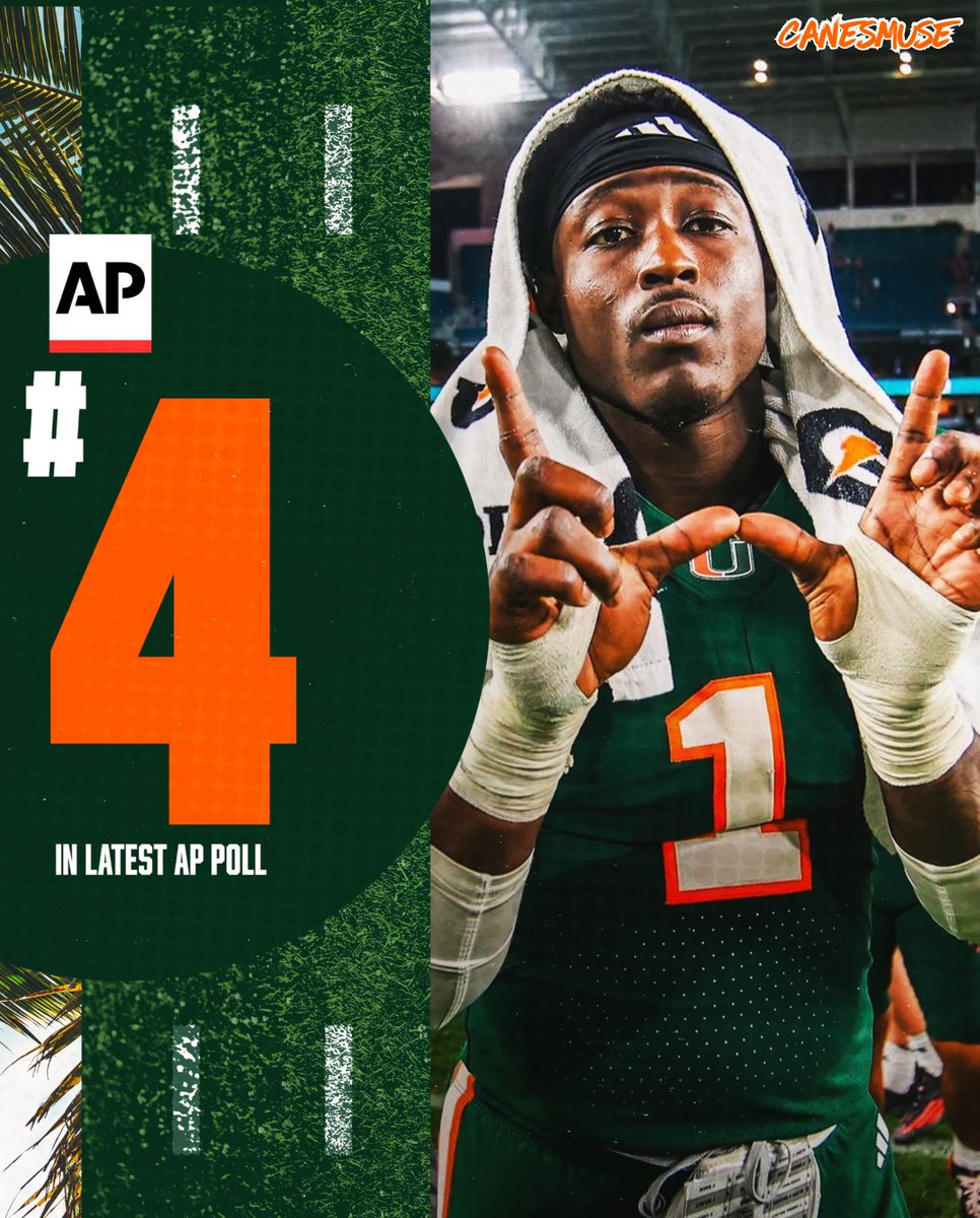 canesmuse's tweet photo. 🚨BREAKING🚨 

Miami moves up to No. 4 in the latest AP Poll.

Canes go to Death Valley to face Clemson in a primetime Saturday night matchup. 👀🔥 https://t.co/K2pEgeWdVA