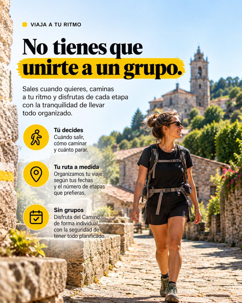 MarketingMeedia's tweet photo. ¿Irte sola a Islandia? 😜 Mejor vente al Camino.

Hacer el Camino sola no significa organizarlo todo sola: alojamiento con baño privado, desayuno, traslado de equipaje y asistencia 24 h.

Tú solo decides cuándo salir y a qué ritmo caminar. 💛

#CaminoDeSantiago https://t.co/E4o7DynNmD
