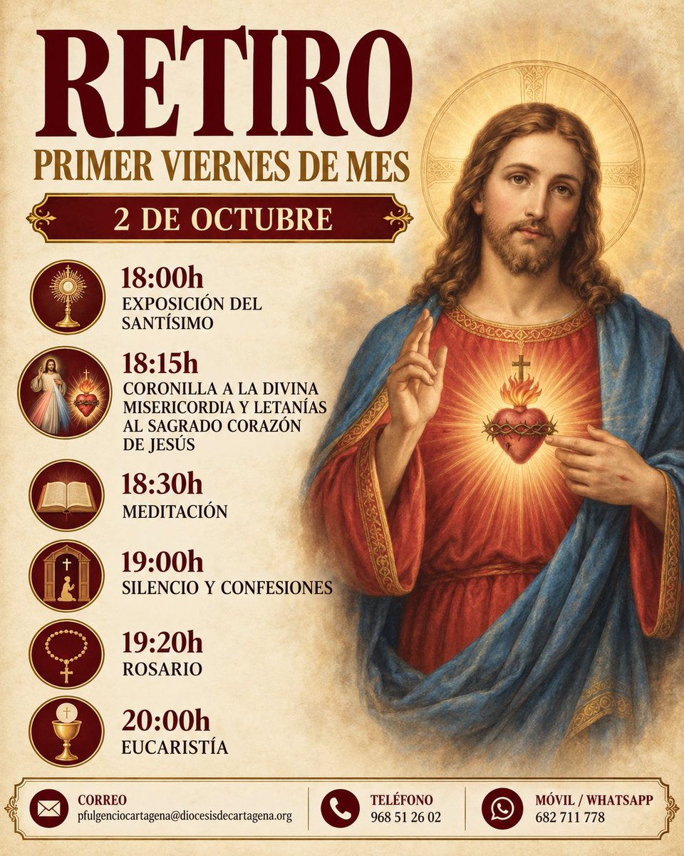 PSanFulgencioCt's tweet photo. 🙏 Retiro de primer viernes de mes

📅 2 de octubre
🕕 Desde las 18:00h
⛪ Exposición del Santísimo, oración, meditación, confesiones, rosario y Eucaristía https://t.co/aUrVWw6ffe