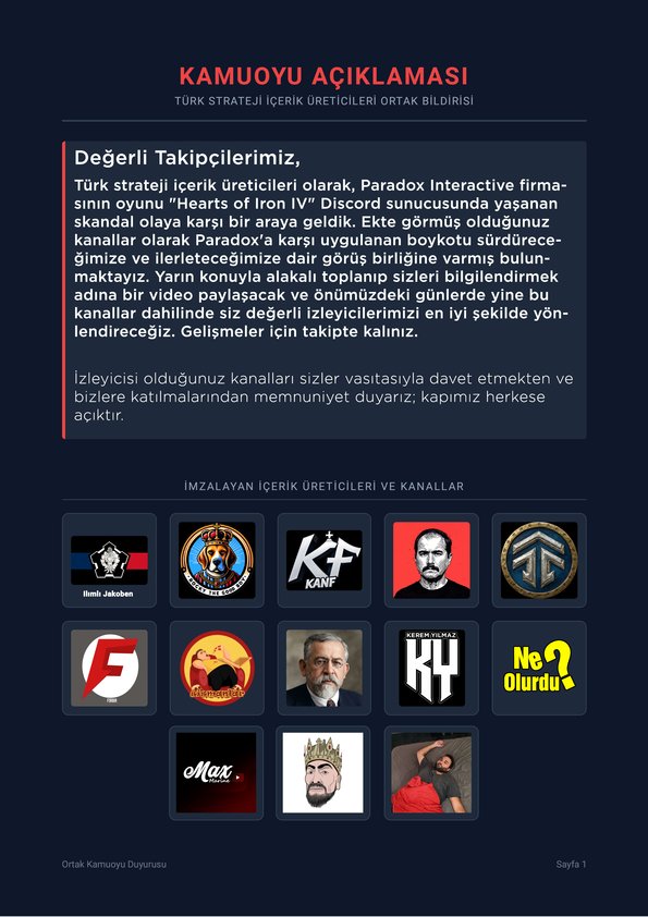 YabguNizamPasha's tweet photo. Türk Strateji İçerik Üreticileri Ortak Bildirisi

@RockytheGoodBoy @keremyilmazyt @sefacarrier @forbir1 @SismanlarTV @YabguNizamPasha @apocaselips @talentlenus @kanfyt @MuratEnginEkin
@Maxmarinex @YKayaalp07 @NeOlurduYT 

#paradox #atatürk #racistparadox #açıklama #paradoxboykot https://t.co/GZMxyoezZI