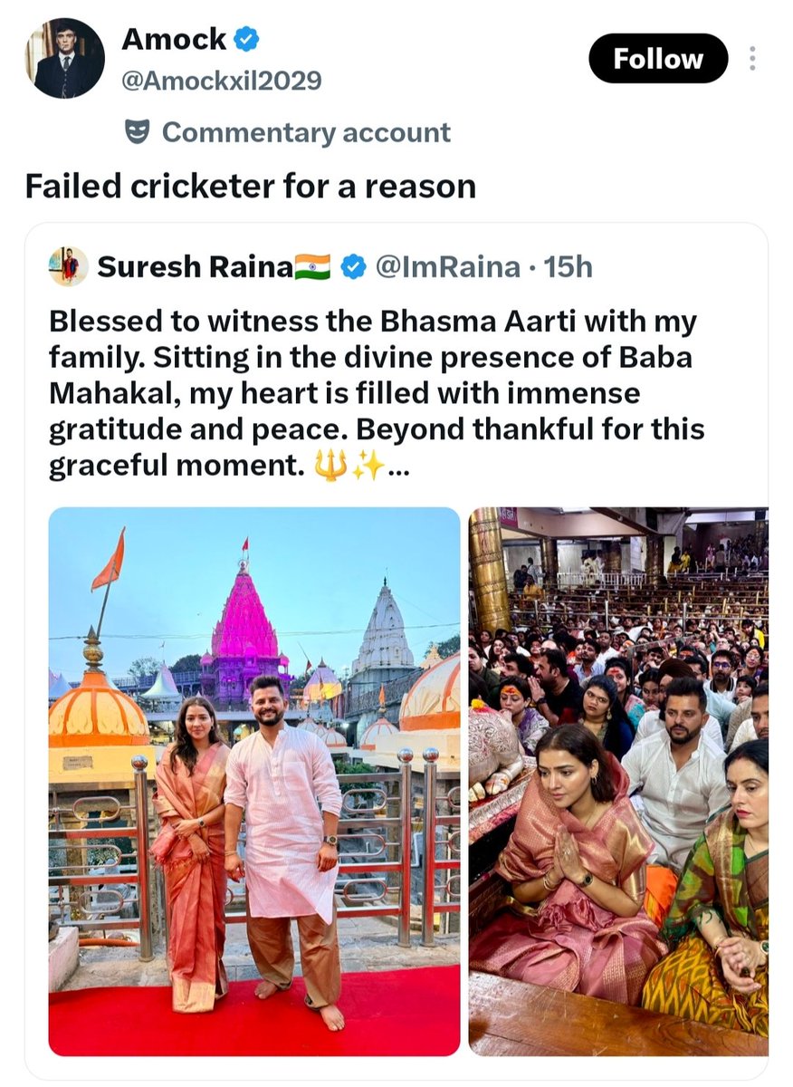 VarunKrRana's tweet photo. 2011 World Cup Winner
2013 Champions Trophy Winner
4x IPL Champion
First Indian to hit a T20I century
7,988 International Runs

And this Congressi account calls Suresh Raina a "failed cricketer" for visiting a temple with his family? 

Absolutely vile behavior. https://t.co/d4gfMmWsvQ