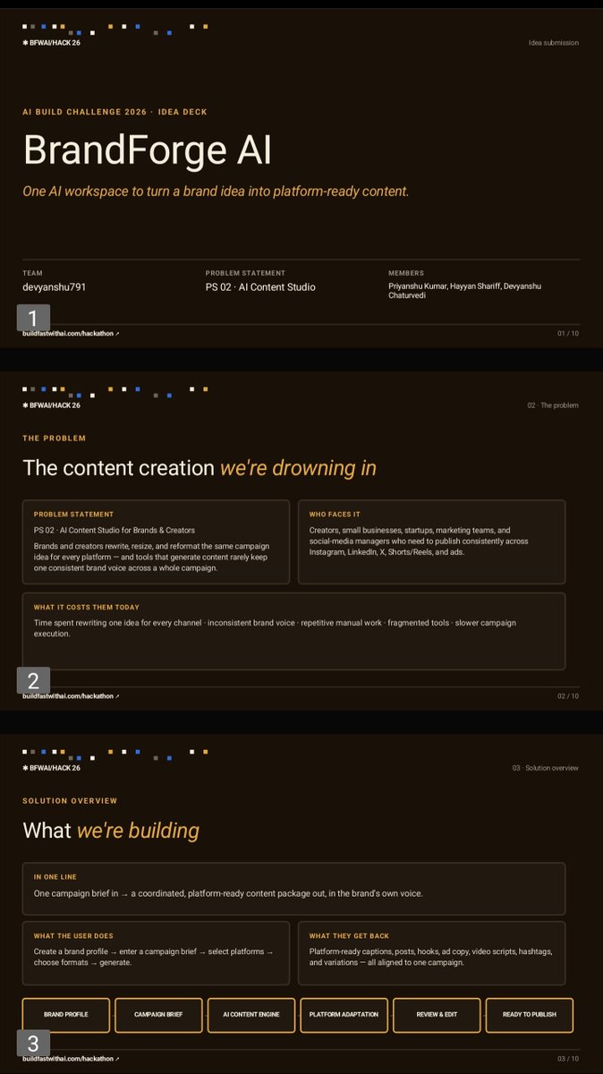 Devyanshul77654's tweet photo. 🚀 Excited to be building at #BFWAIHACK26!
Our team is tackling PS 02 – AI Content Studio for Brands &amp; Creators, building BrandForge AI — an AI workspace that turns a single brand idea into platform-ready content across every channel. https://t.co/zbFQlNrF5v