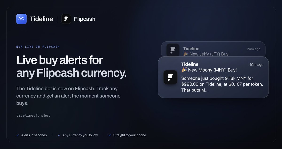 tidelinefun's tweet photo. Self serve group setup is live!

Add Tideline Bot to your @Flipcash group chat, pick the currency you want to track, and the whole group gets the buy alerts.

https://t.co/sJLdlYNcfX https://t.co/HvqjkVDIk3