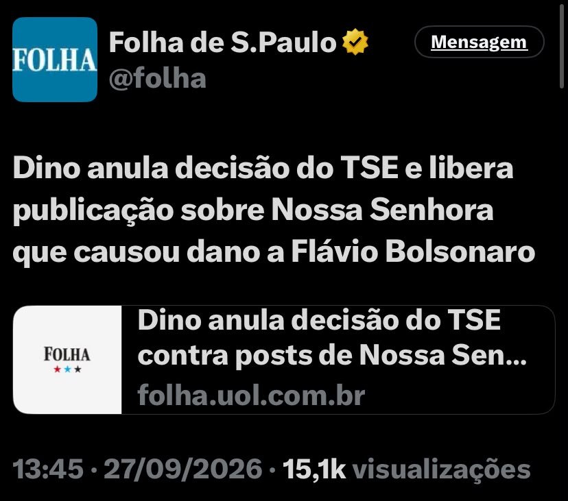 DOCENTEMONTEIRO's tweet photo. A esquerda não debate fé.  
Ela zomba dela.

Começou no horário nobre: jornalista soltou a fake de que queriam derrubar Nossa Senhora Aparecida como padroeira do Brasil  
Depois veio o rebanho de influenciadores.  
Agora o ministro do STF  Libera a mentira — não porque seja verdade, mas porque calá-la “fere a liberdade”.

Liberdade para atacar a padroeira.  
Liberdade para o humorista chamar a família de quem ele odeia de miliciana sem nomear.  
Liberdade para o ator de esquerda dizer que a Igreja Católica “sempre foi aliada ao fascismo”.

A essência não mente:  
esquerda ateia, esquerda internacionalista, esquerda que trata o católico brasileiro como massa atrasada e que manipula os menos atentos.
E conta com duas muletas: artista sem honestidade e juiz militante.

Flávio negou.  
A lei da padroeira existe desde 1980.  
O “debate” nasceu de um Projeto em 2007 foi rejeitado e arquivado.

Em 2026 virou arma de campanha e manipulação criminosa 

Quando a mentira favorece o PT e a esquerda vira liberdade de expressão.  

Quando a fé do povo favorece a esquerda, vira “ o que não se pode proibir, mesmo sendo fake news e desordem informacional”.

12 de outubro está aí.  
Eles atacam a santa.  
O STF sustenta a farsa.

O católico que ainda acredita que isso é coincidência  
já entregou a fé no altar da militância.

#NossaSenhoraAparecida #FlavioBolsonaro #STF #Dino #FakeNews