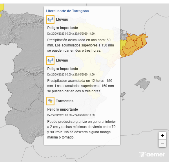 Valencia_WX's tweet photo. Que luego no vengan con el típico "AEMET no avisó".

Avisos naranjas ya activados con más de 24 horas de antelación para el martes en Cataluña:

🌧️ Precipitaciones torrenciales de 60 mm/h y acumulados de 150 mm en solo 2-3 horas

⚡ Tormentas severas, rachas de viento de 70-90 km/h y riesgo de mangas marinas/tornados

Los modelos vienen muy serios. Con las próximas salidas y la evolución en tiempo real, no sería descartable que algún aviso suba a nivel rojo.

En la CV sera mucho menos intenso lo del martes.
#AEMET #Meteo #Cataluña #FMA
