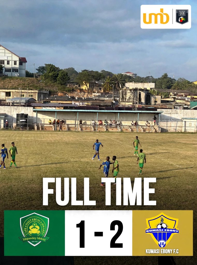 EbonyFootball's tweet photo. FULL TIME- at Robert Mensah Stadium 

Ebusua Dwarfs  1️⃣ - 2️⃣ Ebony FC
                                     ⚽️Emmanuel Gyamfi 
                                  ⚽️Gideon Acheampong 

Huge away win 🤩

🟡🔵#EFC #HomeOfBeautifulGame #UmbDivisonOneLeague https://t.co/0WKqJ4YCv7