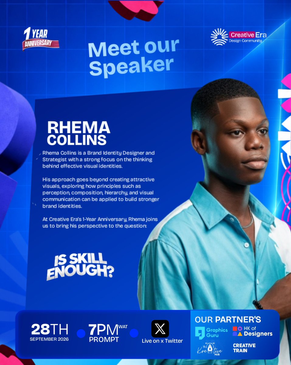CreativeEra28's tweet photo. IS SKILL ENOUGH?

THE ONE QUESTION THAT TROUBLES EVERY AMBITIOUS DESIGNER.

Our speakers would be answering it in our 1 year anniversary celebration right here on X.

Meet our highly distinguished speakers
@tosagraphics, @rhemacollins247, Praise Jude and Divine Okeke https://t.co/GUQZdkTCEh