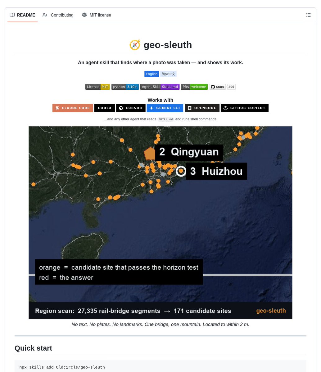 geo-sleuth README screenshot showing a region scan narrowing 27,335 railway bridge segments to 171 candidates before selecting a final location