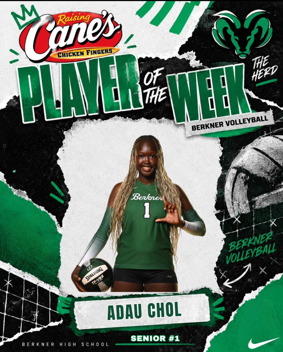 Berkner_Vball's tweet photo. Congrats to our RAISING CANES player of the week… Senior Middle Blocker, Adau Chol! 🎉💚🐔
#TheHerd https://t.co/4yCsUf1r8D