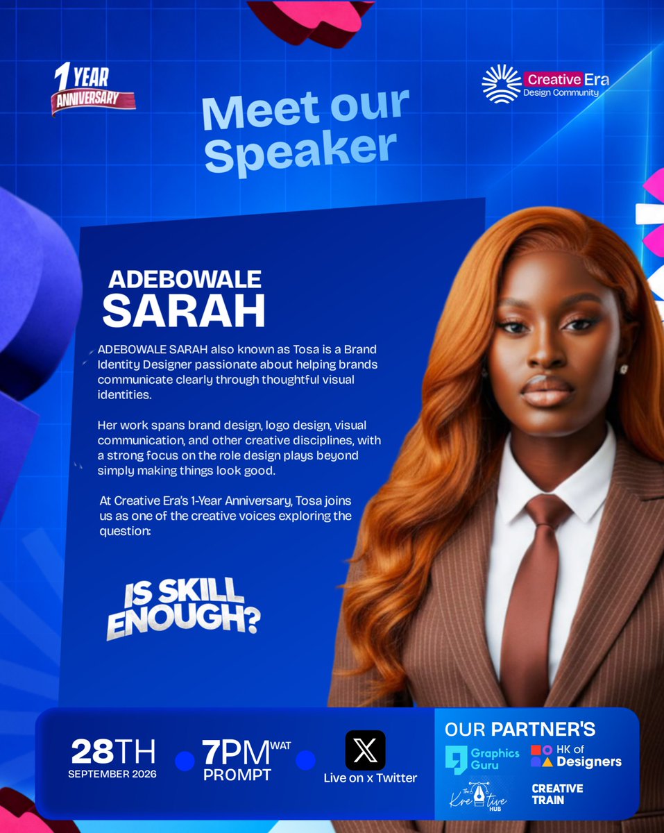 CreativeEra28's tweet photo. IS SKILL ENOUGH?

THE ONE QUESTION THAT TROUBLES EVERY AMBITIOUS DESIGNER.

Our speakers would be answering it in our 1 year anniversary celebration right here on X.

Meet our highly distinguished speakers
@tosagraphics, @rhemacollins247, Praise Jude and Divine Okeke https://t.co/GUQZdkTCEh