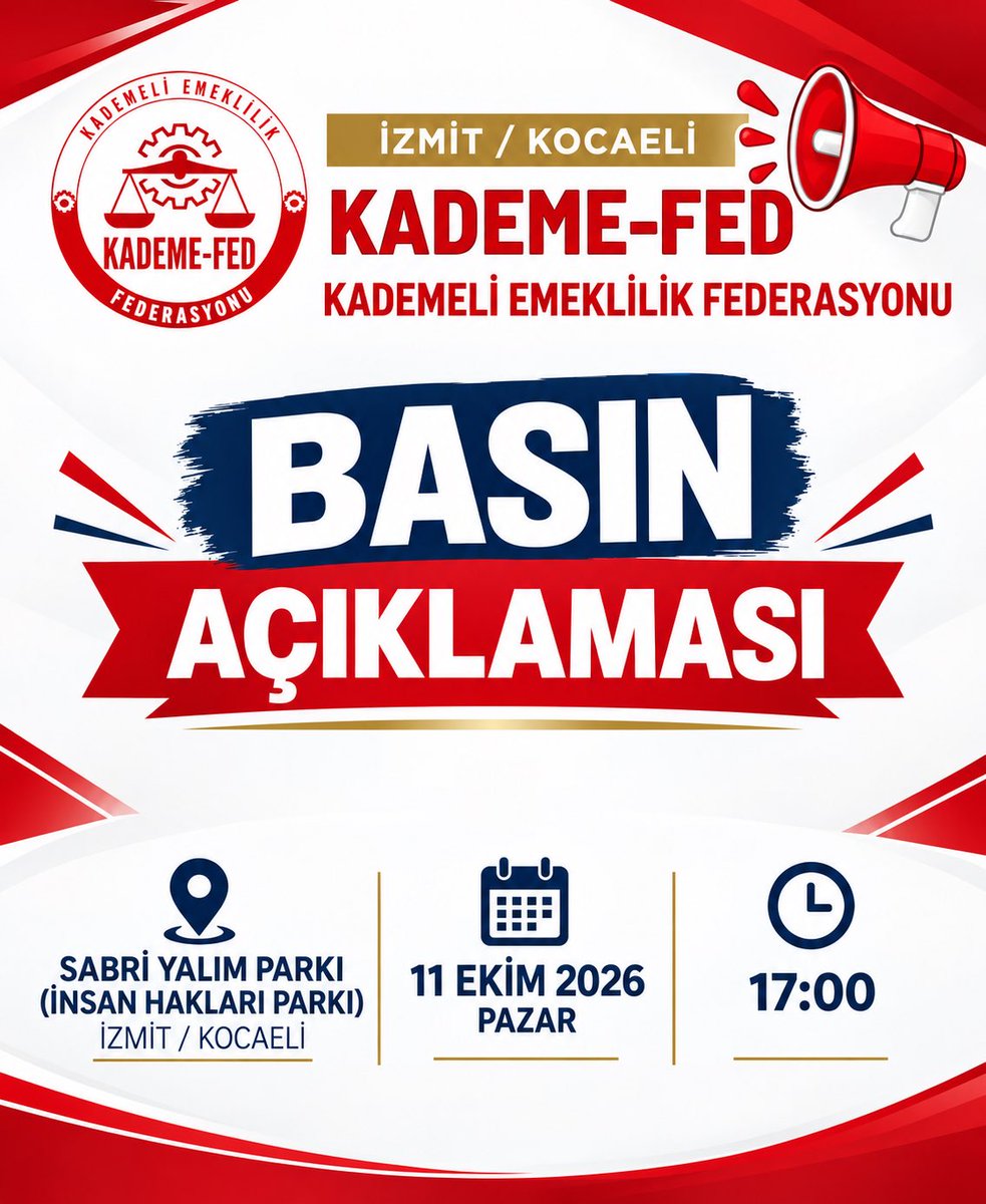 ETTDER1999's tweet photo. 🇹🇷 BASIN VE KAMUOYUNUN DİKKATİNE !..🇹🇷 

Kademeli Emeklilik Federasyonu olarak Haklı Mücadelemiz İçin, İzmit’te İnsan Hakları (Sabri Yalım) Parkı’nda Sesimizi Yükseltiyoruz!

PROGRAM:
🗓️ 11 Ekim 2026 Pazar
⏰ 17:00
📍 İnsan Hakları (Sabri Yalım) Parkı — İzmit / KOCAELİ

Bir tek gün dahi olsa geç sigortalı olduğu için 17 ila 20 yıl fazladan çalışmaya mahkûm edilen emekçilerimizin sesi olmak, anayasal eşitlik ilkesinin ve çalışma barışının yeniden tesis edilmesini talep etmek amacıyla yürüttüğümüz kararlı mücadelemizde yeni ve tarihi bir adıma daha imza atıyoruz.

Emeklilikte Tarihe Takılanlar olarak, haklı taleplerimizi bir kez daha gür bir sesle dile getirmek, çözüm irademizi meydanlara taşımak üzere Kocaeli/İzmit’te yeniden bir araya geliyoruz.

Kademeli Emeklilik Federasyonu olarak organize ettiğimiz bu büyük basın açıklamasında; emeklilikte kademe bekleyen tüm vatandaşlarımızın sesi olacak, sistemin getirdiği mağduriyetleri ve çözüm önerilerimizi kamuoyu ile paylaşacağız. 

Geleceğimiz, alın terimiz ve emeklilik hakkımız için gerçekleştireceğimiz bu kritik buluşmaya tüm basın mensuplarımızı, siyasi parti temsilcilerini, sivil toplum kuruluşlarını ve mağduriyeti derinden hisseden tüm vatandaşlarımızı davet ediyoruz.

Kamuoyuna duyurulur 
KADEME-FED 

@sedakbay  @merveyildirimtv
@nowhaber @byurtdagulen
@halktvcomtr  @ceyliincagatay
@szctelevizyonu @tunaoztunc  
@tgrthabertv  @OyaCebi 
@tv100 @akdemircigdem
@tvmeltem @ekremacikel 
@eceuner12  @merveyildirimtv
@gkayis  @tele2haber @gamzetascier 
@selverglobal @HaberGlobal
@gozdeseker @OzlemGurses
@ozngndgdu @Drsuleymanklnc
@AvHalilFirat @MelisE2635 
@MustafaAlkayis @gunebakis02 
@nail_ciler @stselcan  
@YS_Turkoglu @ipekozkal 
 @ridvanuz17  @avalperakdogan 
@_hakanolgun  @mehmetakalin22  
@TuranYALDIR   @yavuzaydintrb 
@senolsunat  @HasanToktasTR 
@Akburak @harunyildizli1   
@gokhanozbek @tytturk 
@arzuerdemtc @istanbuldadeva 
@M_B_Hareketi 
#KademeVaktiGeldi