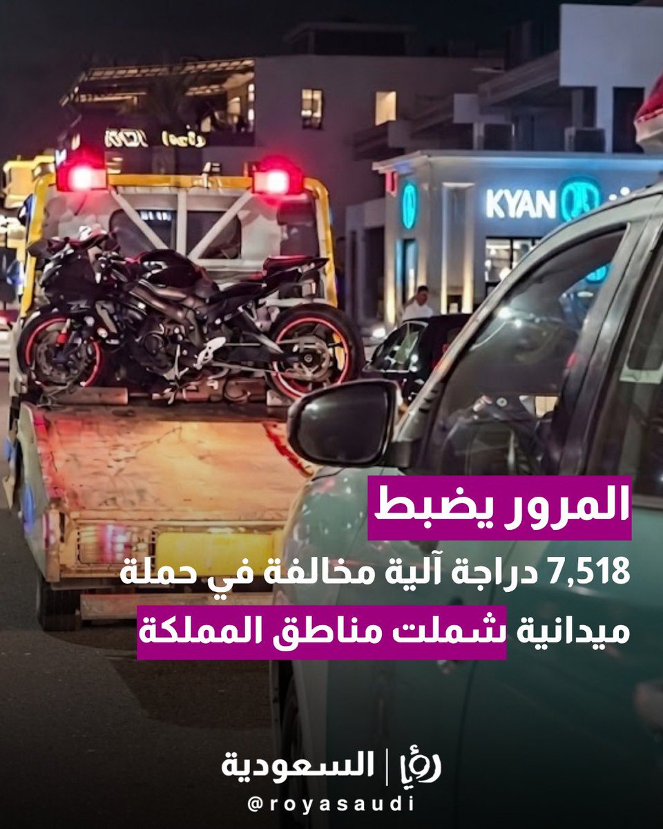 royasaudi's tweet photo. نفذت إدارات المرور في مختلف مناطق المملكة حملة ميدانية لضبط الدراجات الآلية المخالفة خلال الفترة من الأحد 20 إلى السبت 26 سبتمبر 2026، أسفرت عن ضبط 7,518 دراجة آلية، تصدرت منها جدة بـ 2,402 دراجة، تلتها الرياض بـ 3,324 دراجة، في إطار تعزيز السلامة المرورية. https://t.co/NXGOo5KAfq