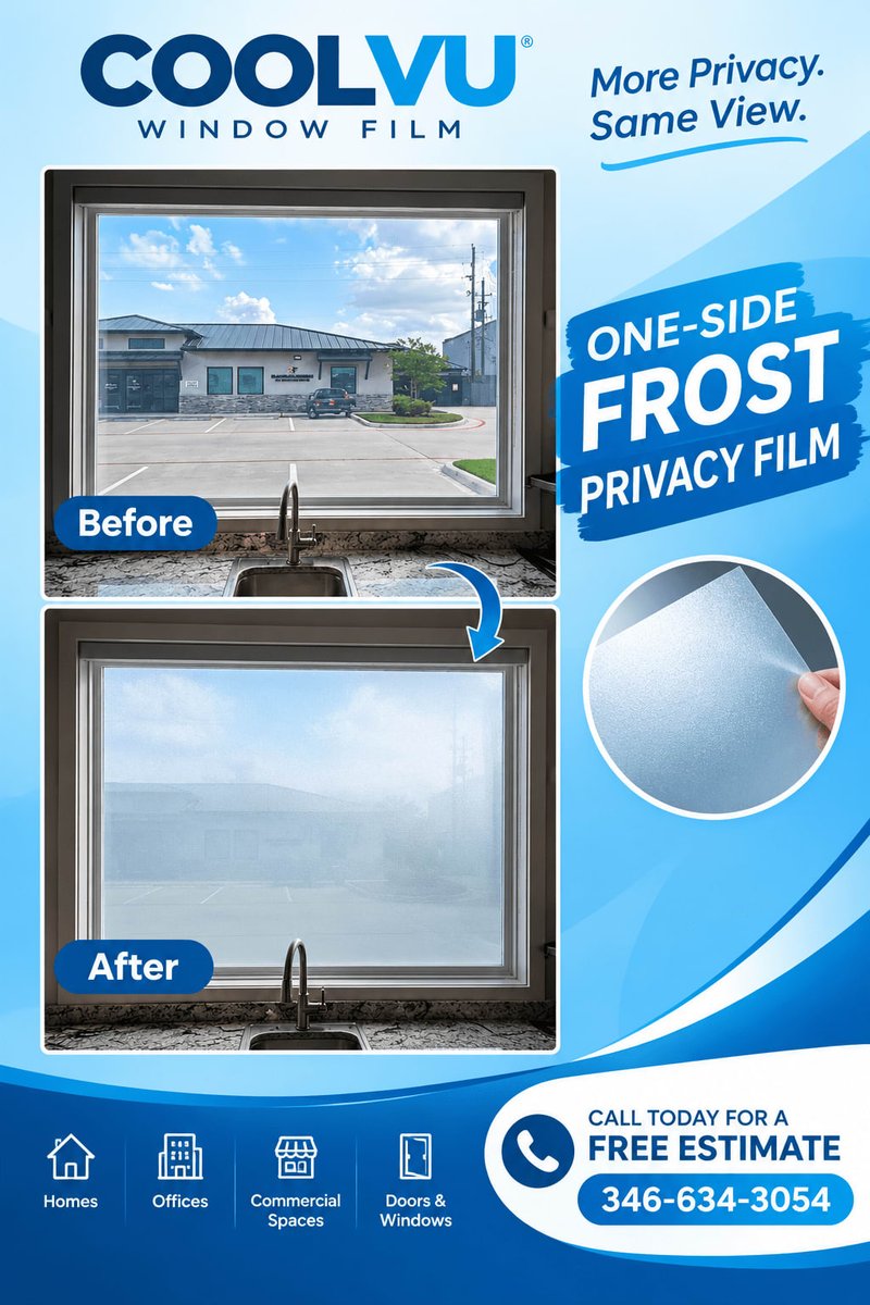 CoolVu_Houston's tweet photo. More privacy without losing your view! One-Side Frost Privacy Film transforms your windows beautifully. 

Call 346-634-3054 for a free estimate. 

#CoolVu #PrivacyFilm #WindowFilm https://t.co/vttb0F9k7S