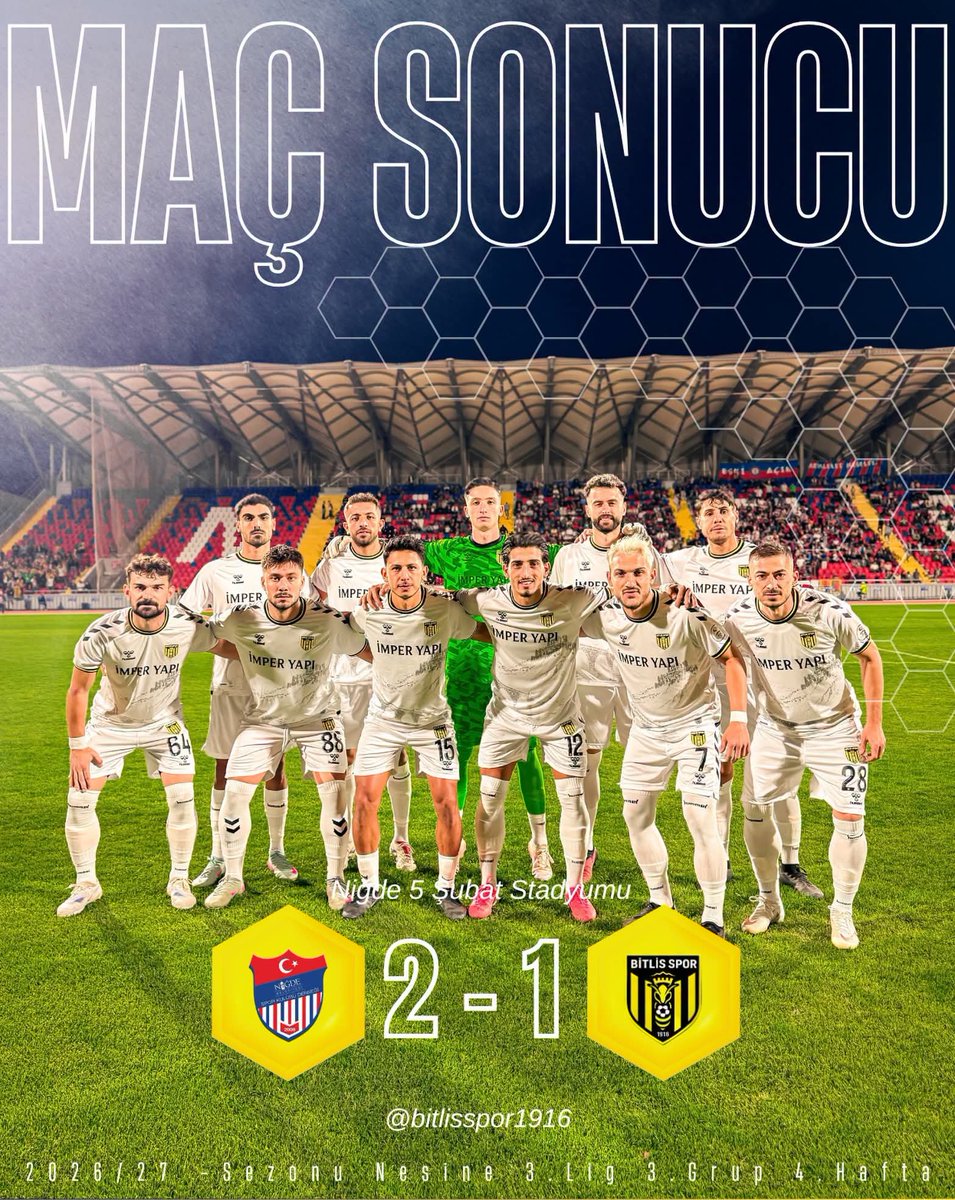 Ntanglay's tweet photo. Nesine 3. Lig 3. Grup 4. hafta karşılaşmasında deplasmanda Niğde Belediyespor’a konuk olan Bitlis Spor’umuz, sahadan 2-1 mağlup ayrıldı.

Sonuç ne olursa olsun, takımımıza olan inancımız tam. 💛🖤

Bu sezon 2. Lig hedefimize ulaşacağımıza yürekten inanıyor, takımımızın sonuna kadar yanında olmaya devam ediyoruz.

Birlikte inanıyor, birlikte başaracağız! 💛🖤