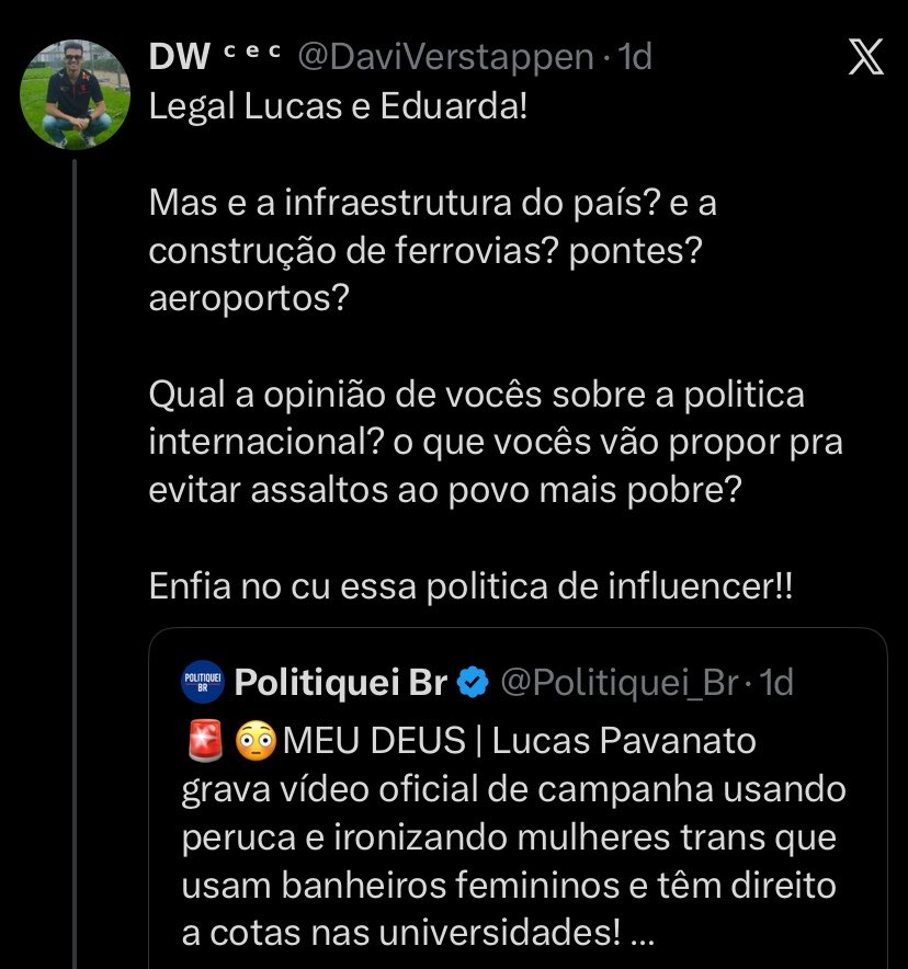 atenadesgracada's tweet photo. um eleitor pede para um candidato a DEPUTADO FEDERAL apresentar suas propostas para resolver algumas questões brasileiras, e é assim que o deputado responde 

um deputado cuja única proposta é combater a cultura woke, e esse lucas pavanato ainda recebe voto, patetico. https://t.co/bIUr8535d1