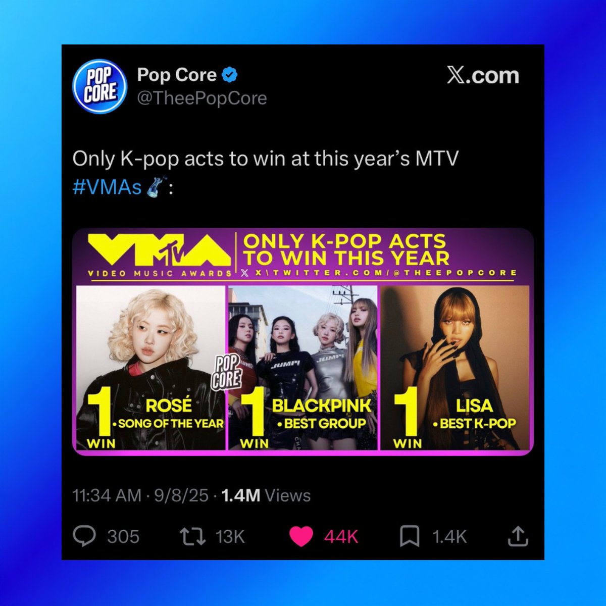 TheePopCore's tweet photo. One year ago, BLACKPINK and members ROSÉ &amp; LISA marked an iconic moment as the ONLY K-pop Acts to win at the 2025 MTV #VMAs. https://t.co/EiKd3uKoUi