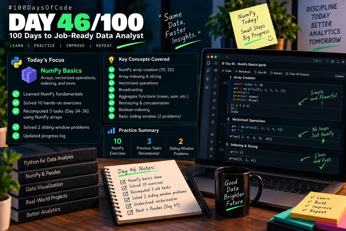 Chiranjeeb_Ku_'s tweet photo. Day 46/100 — NumPy 🧮

Started NumPy: arrays, indexing &amp; vectorized operations.

Solved 10 exercises and rebuilt 3 earlier tasks using NumPy.

Key insight: Vectorization makes data work faster and cleaner.

#100DaysOfData #DataAnalyst https://t.co/C9yGkvVK7l