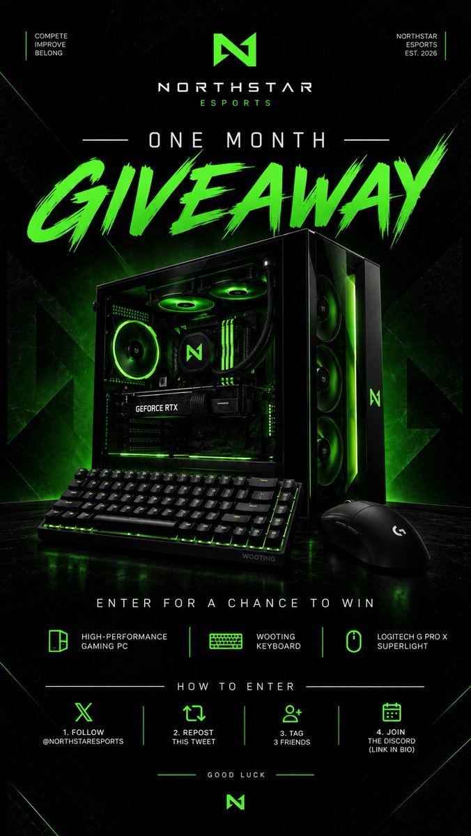 ggNorthStar's tweet photo. Because our last giveaway did so well and we got some messages asking for another, here we are. 

ENTER TO WIN A CUSTOM PC, WOOTING 60HE AND A G PRO X SUPERLIGHT.

TO ENTER:
- Follow @ggNorthStar 
- Like & RT
- Tag 2 friends 

We’re partnering with @STRATAPC for this one!

Winner announced in a month. Good luck.