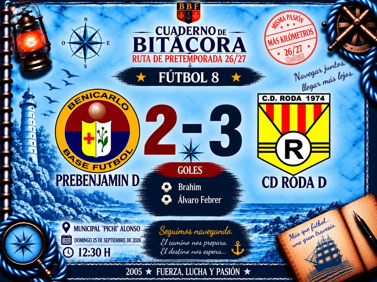 benicarlobf's tweet photo. 🔴🔵 𝗥𝗨𝗧𝗔 𝗗𝗘 𝗣𝗥𝗘𝗧𝗘𝗠𝗣𝗢𝗥𝗔𝗗𝗔 26/27 ·𝗣𝗥𝗘𝗕𝗘𝗡𝗝𝗔𝗠𝗜𝗡 𝗗

⚓ 𝗘𝗦𝗖𝗔𝗟𝗔 03

🏟️ Domingo 27 de setiembre
📅 Municipal 'Pichi' Alonso
𝗣𝗥𝗘𝗕𝗘𝗡𝗝𝗔𝗠𝗜𝗡 𝗗 2️⃣ 𝗖𝗗 𝗥𝗢𝗗𝗔 𝗗 3️⃣
⚽ Brahim
⚽ Álvaro Febrer https://t.co/6vOVnEcf7y