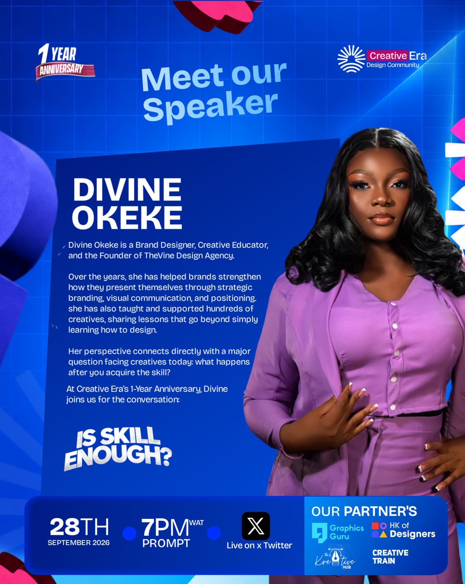 CreativeEra28's tweet photo. IS SKILL ENOUGH?

THE ONE QUESTION THAT TROUBLES EVERY AMBITIOUS DESIGNER.

Our speakers would be answering it in our 1 year anniversary celebration right here on X.

Meet our highly distinguished speakers
@tosagraphics, @rhemacollins247, Praise Jude and Divine Okeke https://t.co/GUQZdkTCEh