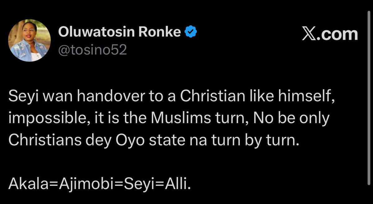 authorityenigma's tweet photo. This is surely a nonsense take

OYO state did not start with Akala, even this dispensation did not state with Akala 

Lam happened to be a Muslim 
Ladoja a Muslim 
Akala Christian 
Ajimobi Muslim 
Seyi Christian 

These are people that supported Buhari A Muslim and then Supported Tinubu, a Muslim too

They even went ahead to support Muslim Muslim ticket 

These people can go to any length to destroy anything in the name of religion and ethnicity 

OYO people are wise, only a foolish human being will be fighting because of religion