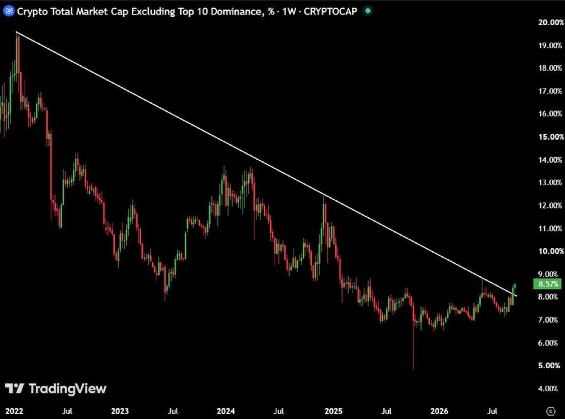NoVaK_811's tweet photo. The 4-year macro trendline suppressing lower-cap altcoins is officially breaking.

When capital rotates out of Top 10 dominance, hardened L1s sitting at capitulation bottoms move the fastest. 

kadena:native positioning before the broad market catches on.

@KdaCed https://t.co/u4KcfCPx8B