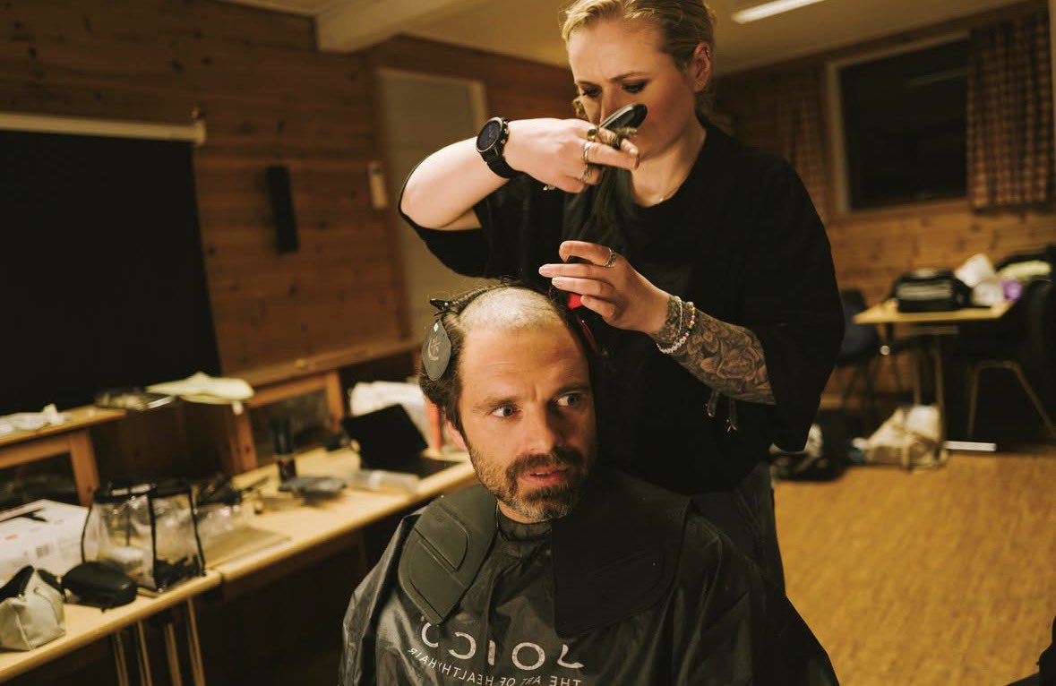 sebstanarchive's tweet photo. Sebastian Stan (becoming bald) getting his hair shaved off for ‘FJORD’. https://t.co/QNmN8WYXRS