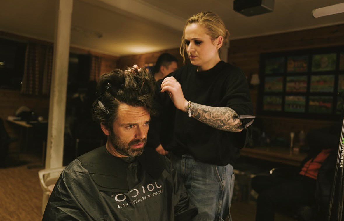 sebstanarchive's tweet photo. Sebastian Stan (becoming bald) getting his hair shaved off for ‘FJORD’. https://t.co/QNmN8WYXRS