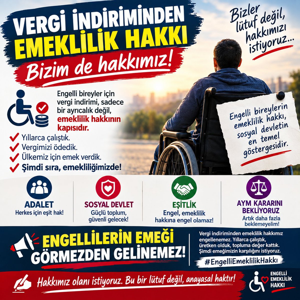 ercan001982's tweet photo. Engelli vatandaşların yıllarca çalışarak ve prim ödeyerek oluşturduğu emeklilik beklentisi korunmalıdır. Geçmişte geçerli olan şartlarla oluşan hak kayıpları adil şekilde giderilmelidir.
Lütuf değil, hakkımızı istiyoruz!
#EngelliEmeklilikte
ENGELLİNİN SABRI KALMADI https://t.co/WLfjYnyrGA