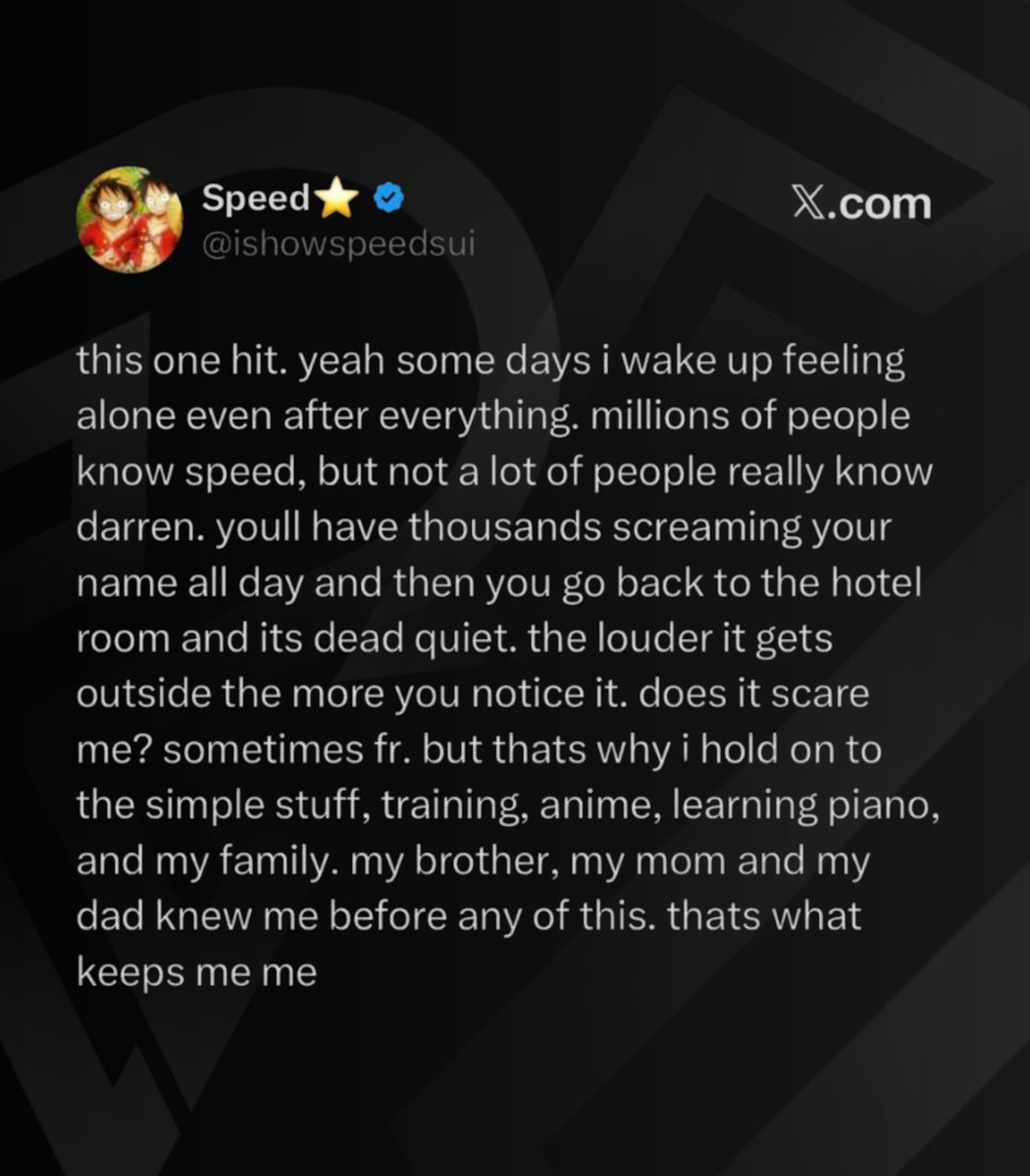 pubity's tweet photo. IShowSpeed opened up about the struggles of being one of the world's biggest streamers:

"Some days I wake up feeling alone after everything. Millions of people know Speed, but not a lot of people really know Darren." https://t.co/2FnkiqhL1t