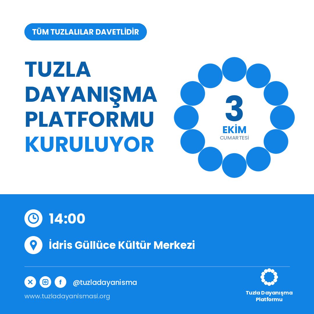 tuzladayanisma's tweet photo. CUMARTESİ GÖRÜŞÜYORUZ

Tuzla Dayanışma Platformu'nun kuruluşu için geri sayım başladı

3 Ekim Cumartesi
14:00
İdris Güllüce Kültür Merkezi

Komşunu, iş arkadaşını, aileni al gel. Bu gönderiyi paylaş, Tuzlalı arkadaşlarını etiketle.

Katılım formu: https://t.co/ks4kr1ZL3t https://t.co/LWG2PbegS2