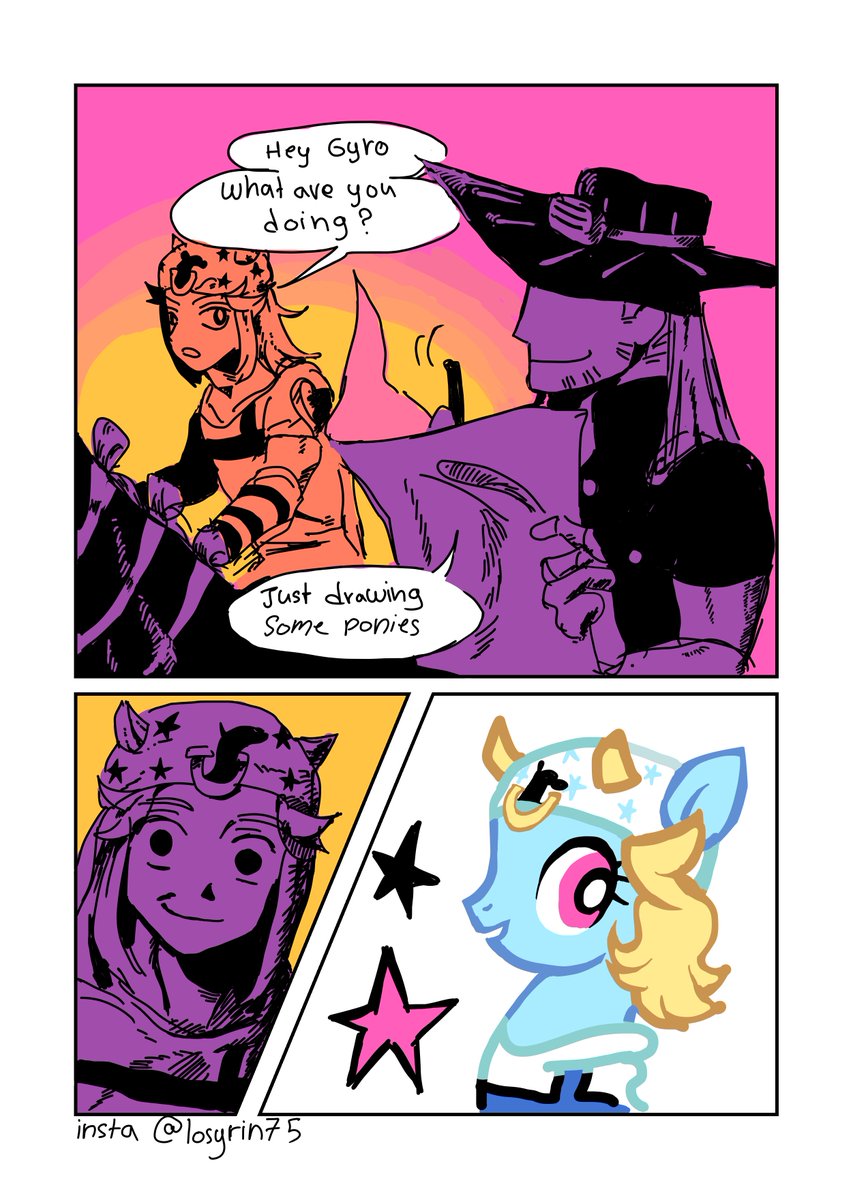 LosyRin's tweet photo. A comic about Gyro drawing ponies
And there is some sketches in the back
(1/4)
#gyrozeppeli #johnnyjoestar https://t.co/uPvI7J8ZF3