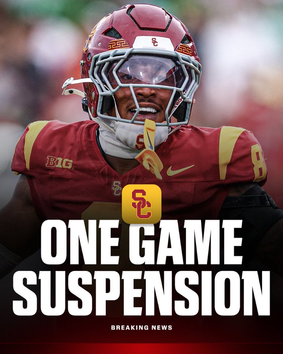 AdamSchefter's tweet photo. USC has suspended Desman Stephens II for Saturday’s game vs. Washington, the team announced.

The USC LB was ejected after a late hit on Oregon QB Dante Moore. https://t.co/nDTviAUcEV
