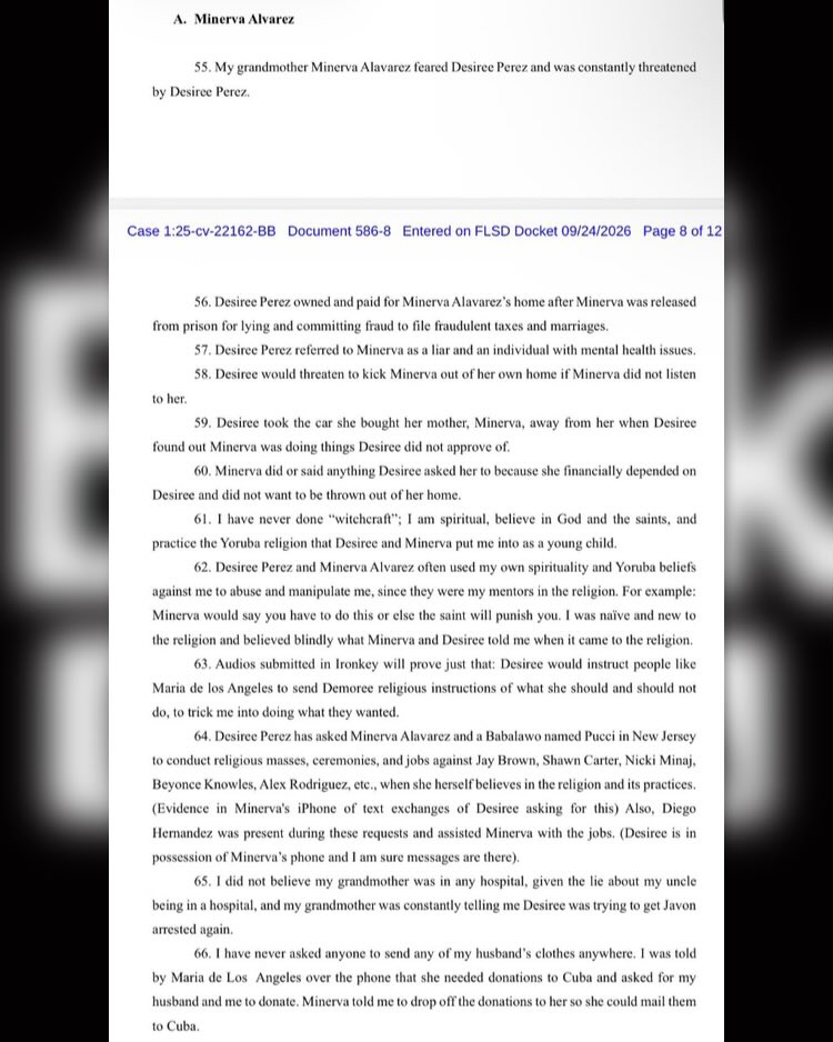 BlackMedia___'s tweet photo. Roc Nation CEO Desiree Perez is accused in a sworn declaration of asking Minerva Alvarez and a Babalawo in New Jersey to conduct religious “masses, ceremonies, and jobs” against Nicki Minaj, according to Demoree Hadley.

Hadley’s declaration alleges that Perez made similar requests involving Jay Brown, Shawn Carter, Beyoncé Knowles and Alex Rodriguez.

And what did Nicki Minaj say on her timeless track “Ganja Burn”? In case y’all forgot, we’ll remind you:

“They done went to witch doctors to bury the Barbie
But I double back, k!ll b*tches, bury the body”