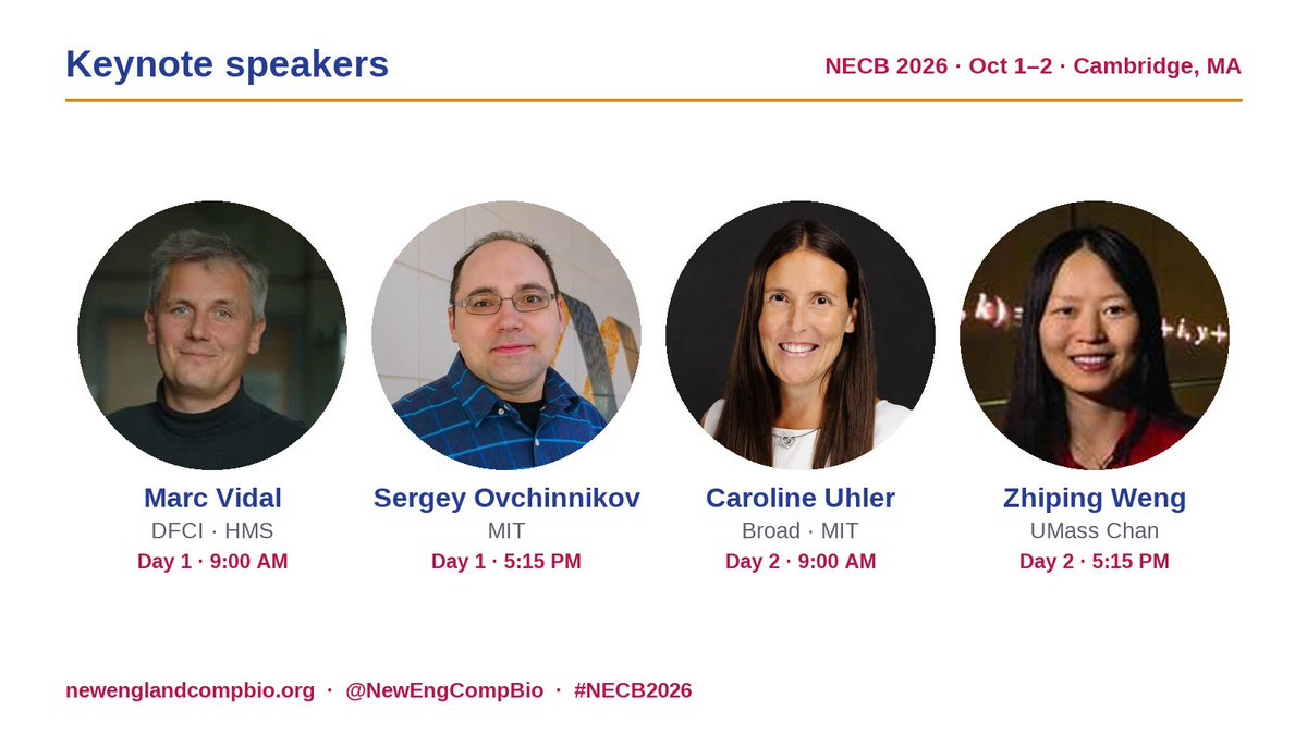 NewEngCompBio's tweet photo. Meet the #NECB2026 keynotes:
• Marc Vidal (DFCI · HMS)
• Sergey Ovchinnikov (MIT) @sokrypton
• Caroline Uhler (Broad · MIT) @CarolineUhler 
• Zhiping Weng (UMass Chan) @ZhipingWeng

Oct 1-2, Cambridge, MA
https://t.co/KgsjbBqa8Z https://t.co/t540WziQpr