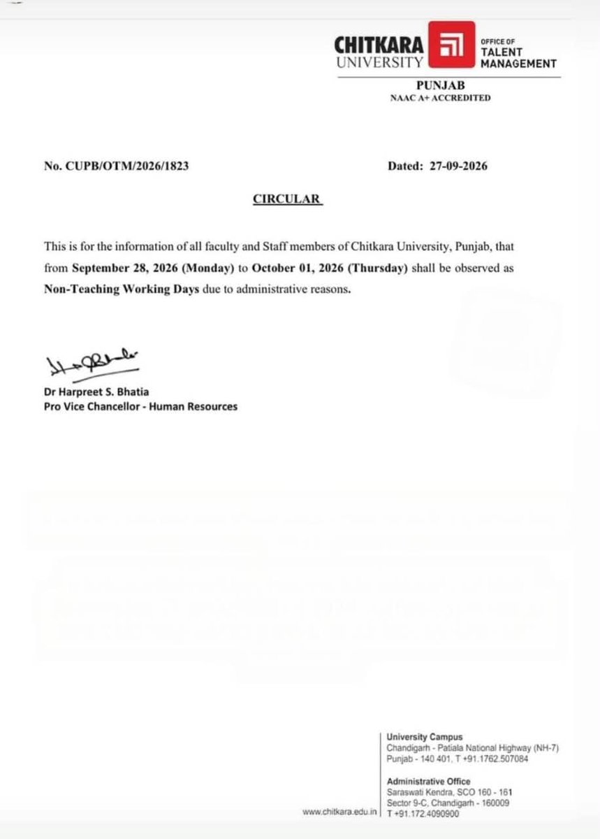 PTI_News's tweet photo. A circular from the Chitkara University reads: "This is for the information of all faculty and Staff members of Chitkara University, Punjab, that from September 28, 2026 (Monday) to October 01, 2026 (Thursday) shall be observed as Non-Teaching Working Days due to administrative reasons."