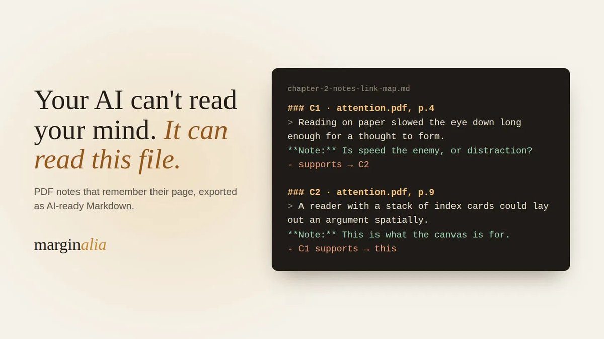 DikshantRaj09's tweet photo. Your AI can't read your mind. It can read this file 🧵

I built Marginalia, a free PDF reader with a notes canvas beside it. The part I use most is the export. https://t.co/APqd6dXgJR