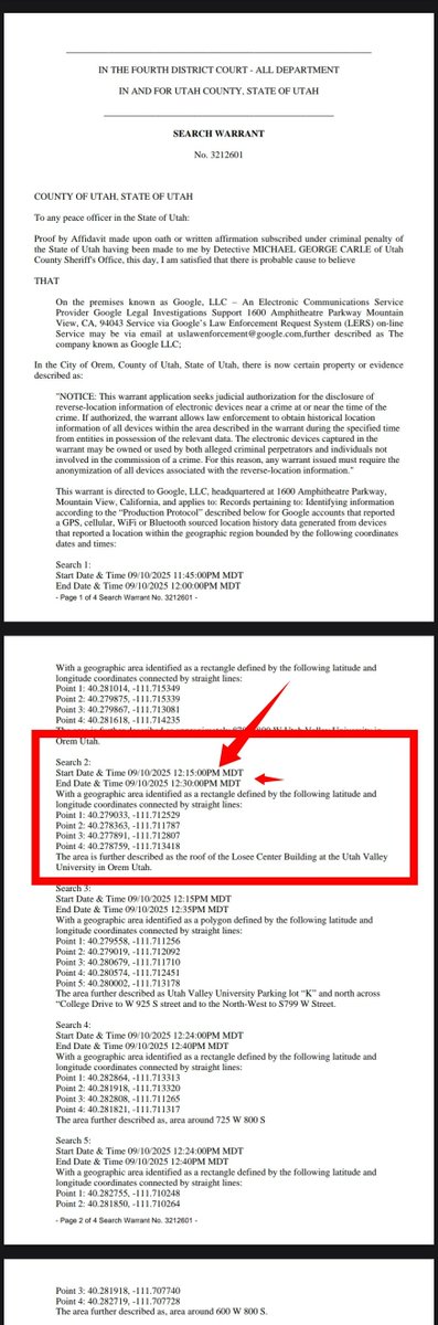 JohPersso's tweet photo. 🚨Tyler Robinson was not at the Losee Center roof where they alleged the shot (no video of a shot) took place.

Do you want receipt of that?

Got it.

Google's search warrant for Tyler Robinson's phone location data comes back empty! 👀
👇🫠 https://t.co/H65TPRsyu2