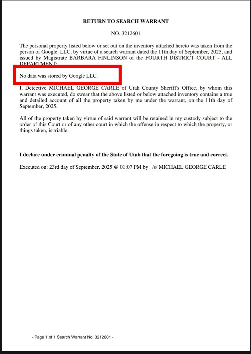 JohPersso's tweet photo. 🚨Tyler Robinson was not at the Losee Center roof where they alleged the shot (no video of a shot) took place.

Do you want receipt of that?

Got it.

Google's search warrant for Tyler Robinson's phone location data comes back empty! 👀
👇🫠 https://t.co/H65TPRsyu2