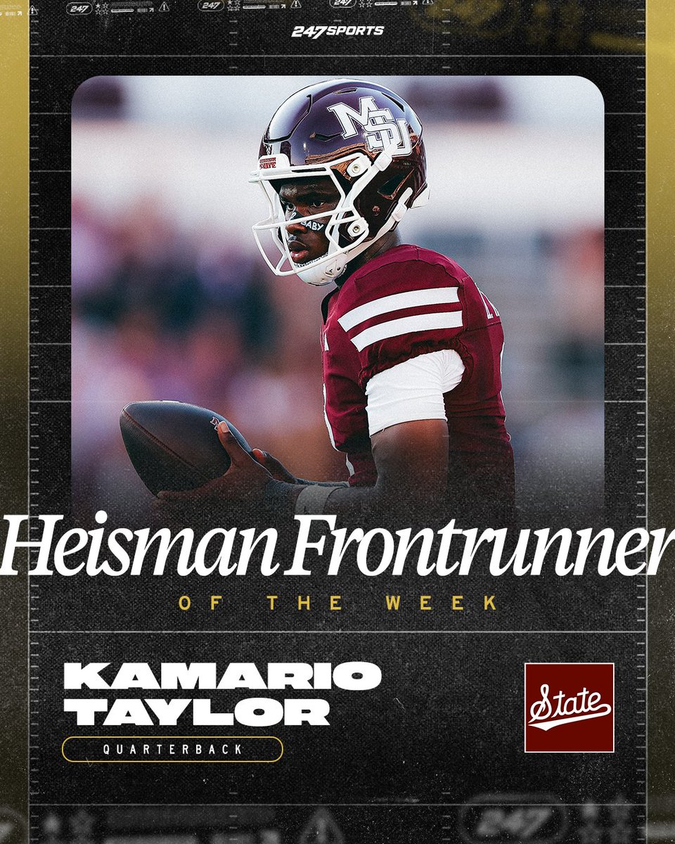 247Sports's tweet photo. Week 4 Heisman Frontrunner: @HailStateFB QB Kamario Taylor

Taylor completed 71.1% of his passes for 360 yards and 3 TDs in Mississippi State’s win over No. 19 Missouri.

https://t.co/DWhNZjMjqm https://t.co/TJshN1F6yi