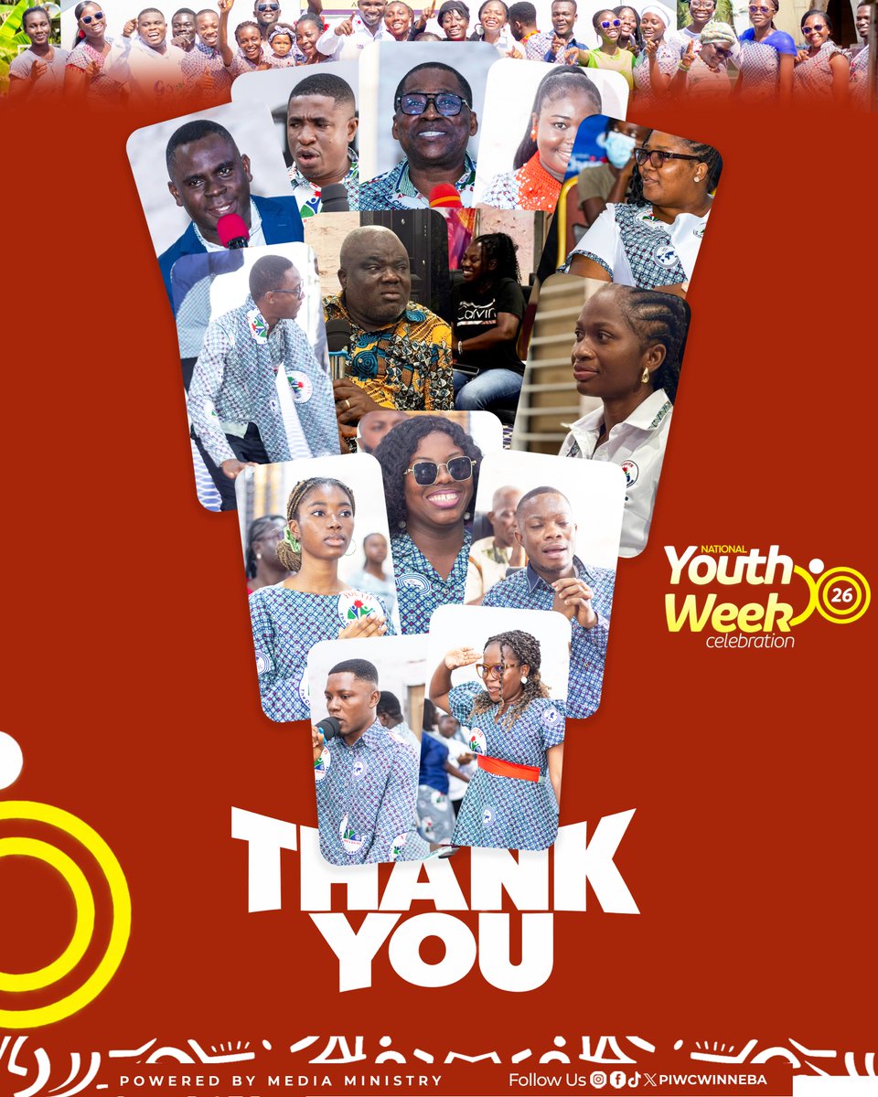 piwc_w's tweet photo. What a week it has been! National Youth Week Celebration 2026 has been a beautiful journey of faith, excellence, godly counsel, prayer, evangelism and empowerment by the Holy Spirit.

We sincerely appreciate our Area Head, Resident Minister, ministers, speakers, panelists, leaders, organising team and every member who contributed in diverse ways to make this celebration impactful. To everyone who prayed, served, participated, invited someone, joined the outreaches and supported the various sessions, thank you!

The celebration may have ended, but the agenda continues. May everything we have received this week find expression in our daily lives as we go into our homes, schools, workplaces, communities and digital spaces.

Now, empowered by the Holy Spirit, let us go and MAKE JESUS FAMOUS EVERYWHERE!

God bless you all. ❤

| #NYWC26 | #MakingJesusFamousEverywhere | #PossessingTheNations | #ReachOut | #TakeOver | #piwcwinneba |

➖➖➖➖➖➖➖➖
> Powered By: 
> Youth and Media Ministry